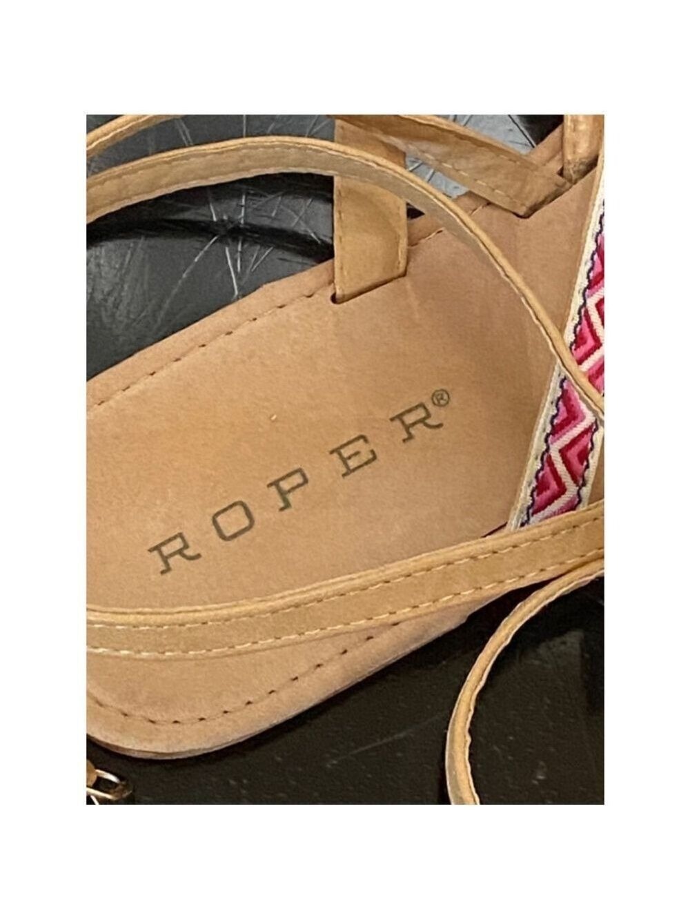 Roper Women's Sandals Tan Pink Blue Yellow Fringe Size 9 - Picture 6 of 11